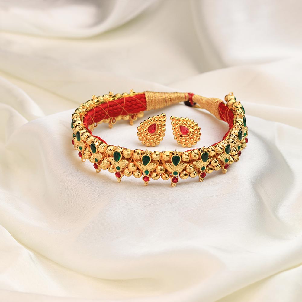 Kolhapuri Green Red Floral Stone Choker Set