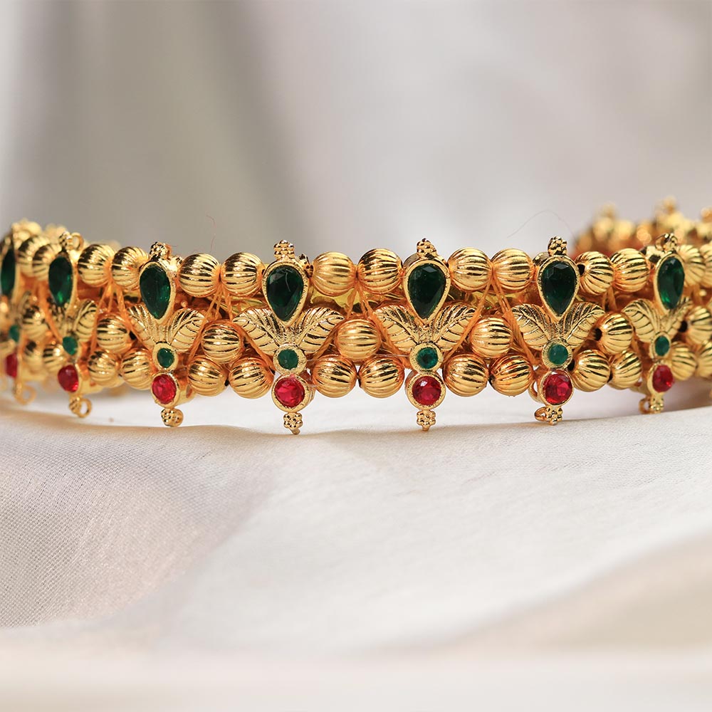 Kolhapuri Green Red Floral Stone Choker Set