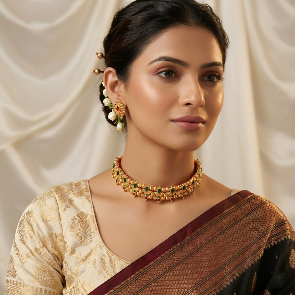 Kolhapuri Green Red Floral Stone Choker Set