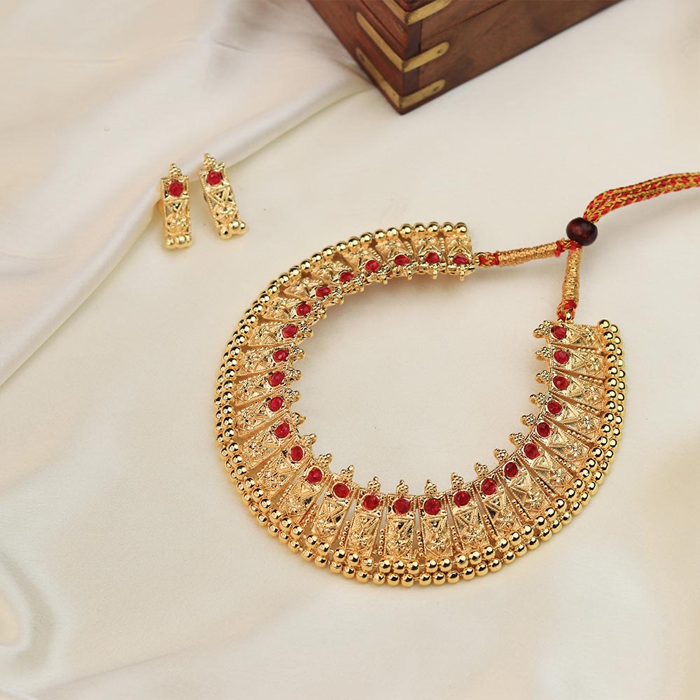 gold temple choker with red stones