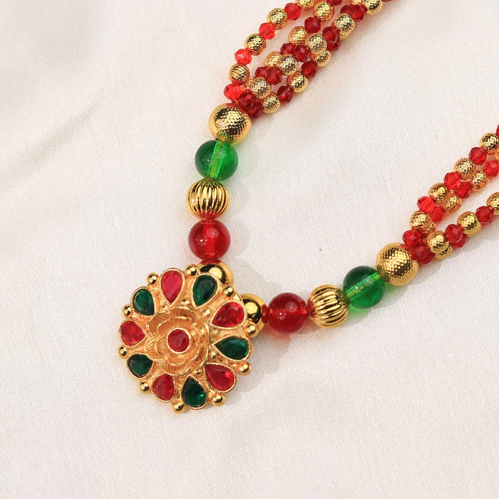 red green beaded long necklace with pendant