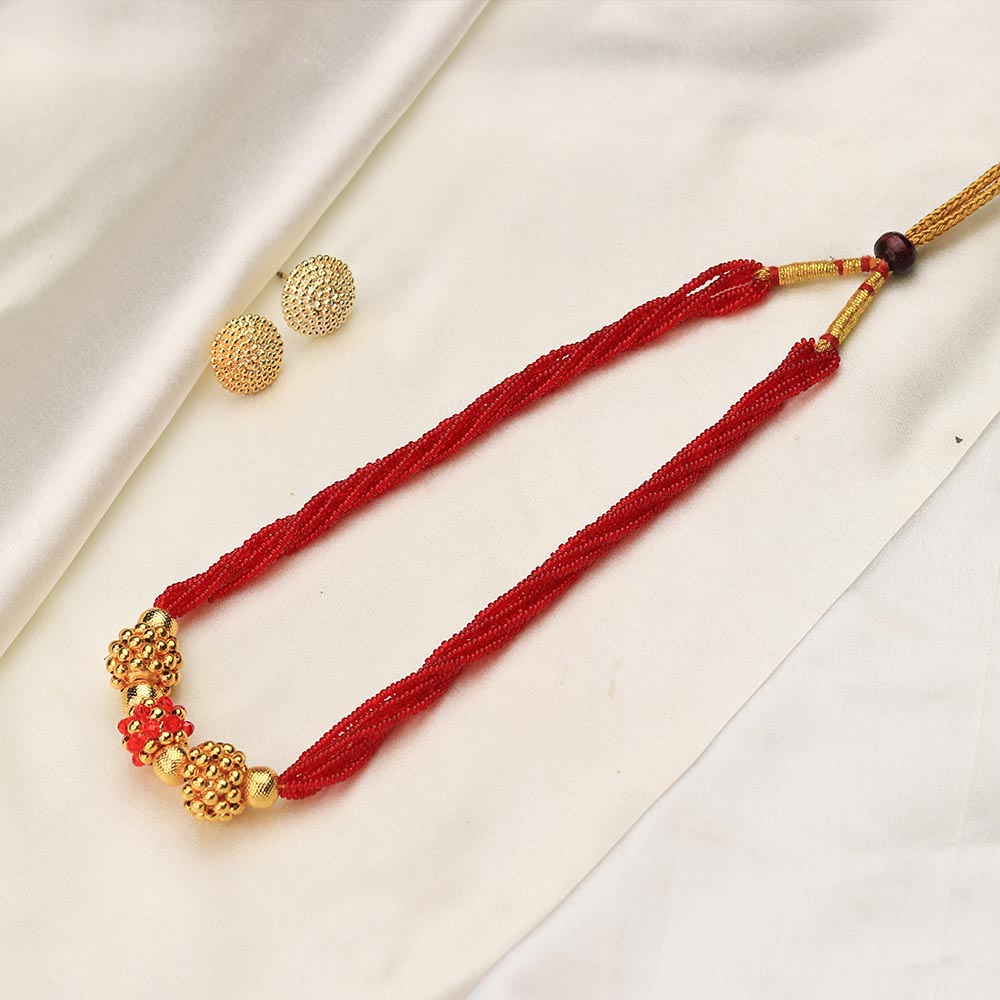 Red Multi-Strand Beaded Gold Necklace