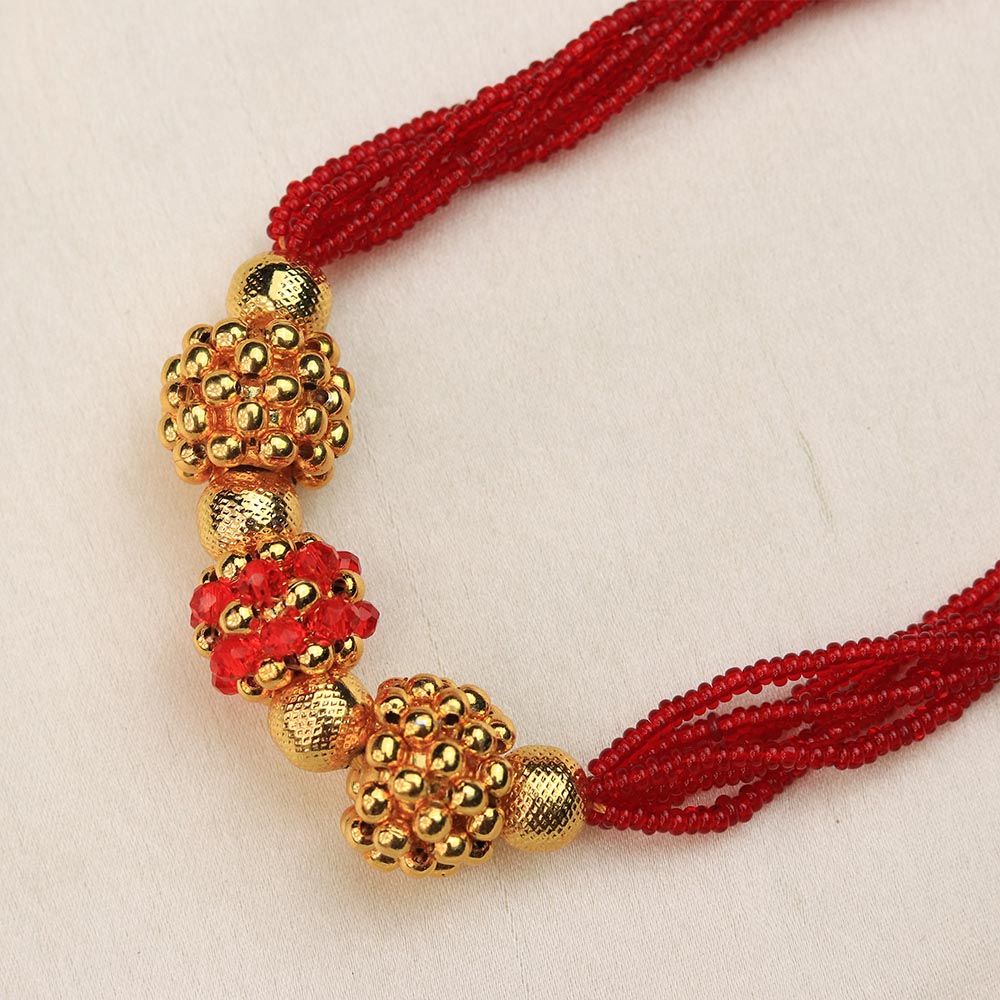 red multi strand bead necklace with gold beads