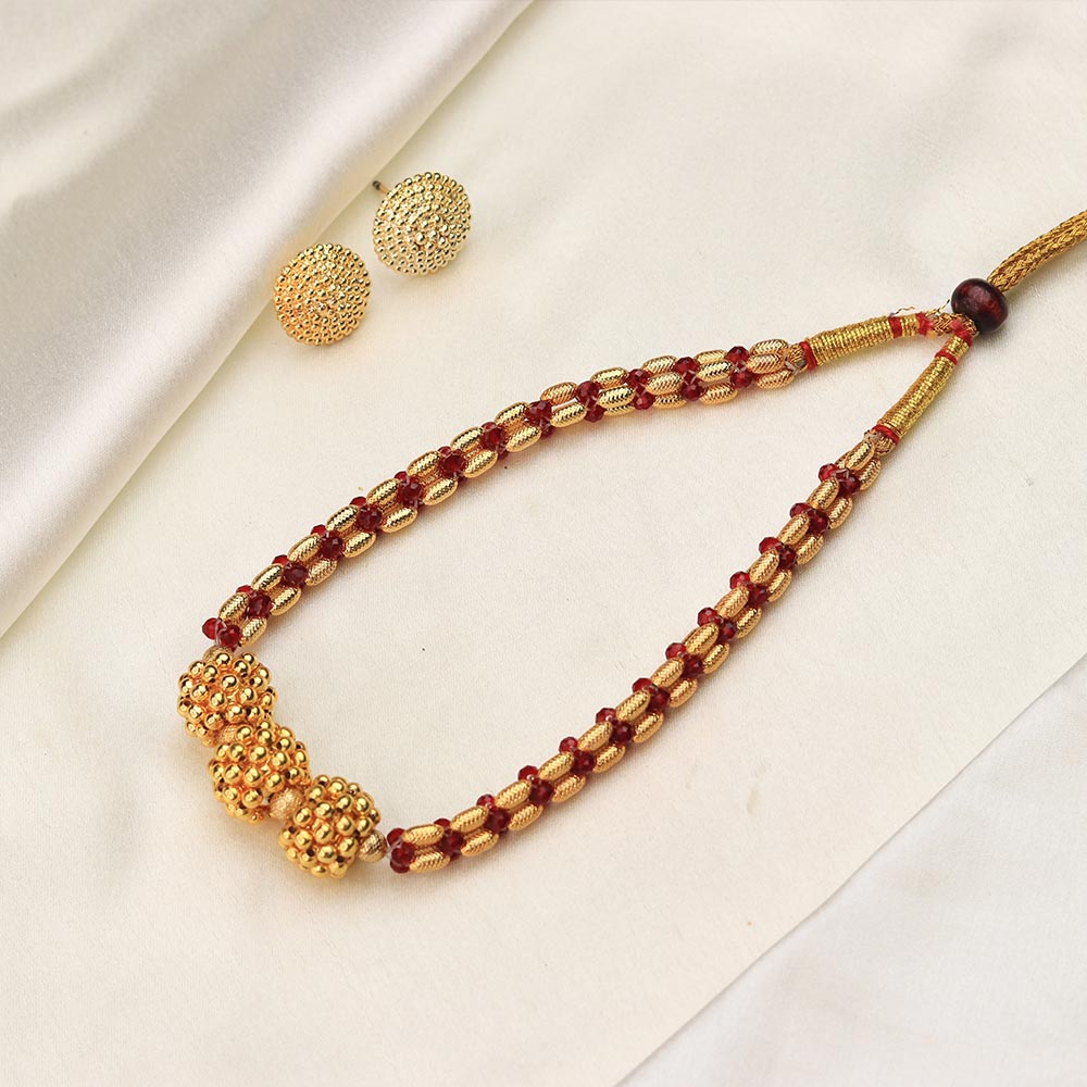 Gold Bead Necklace with Red Accents