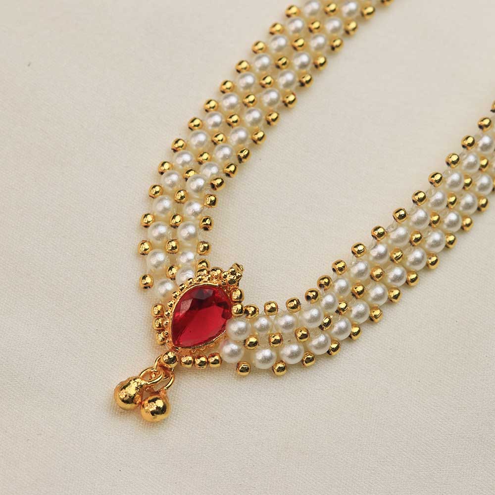 Multi-layer pearl necklace with ruby pendant