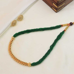 Green thread necklace with gold beads