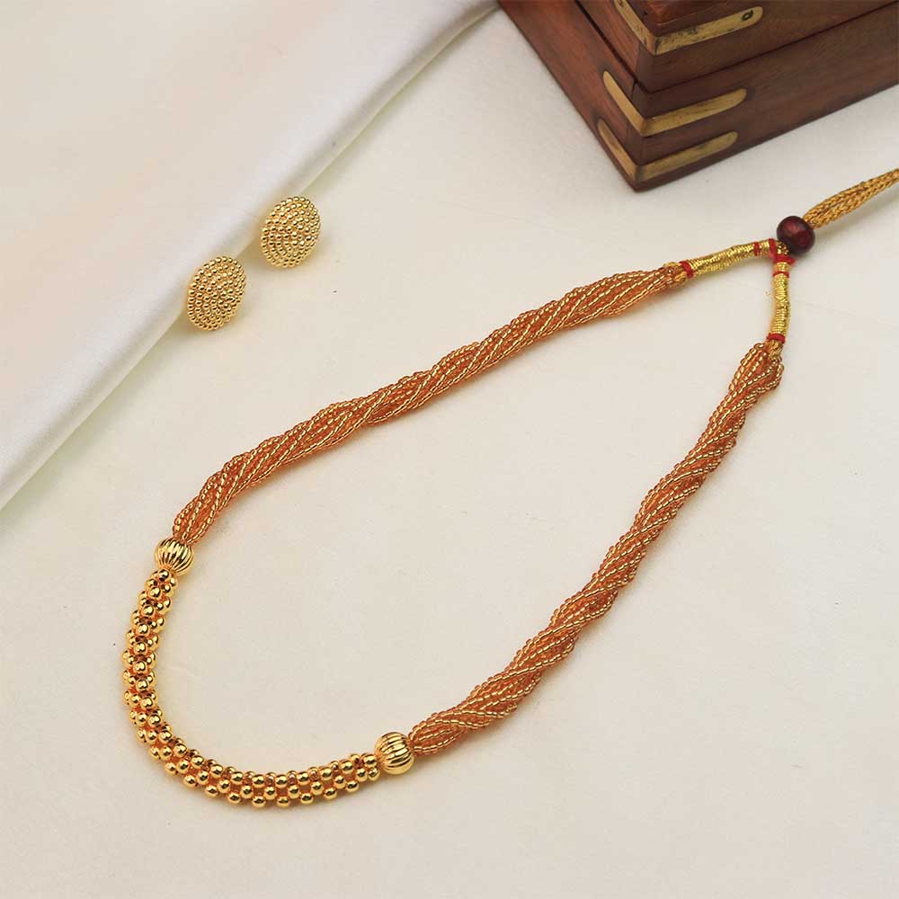 Rust color thread necklace with gold beads