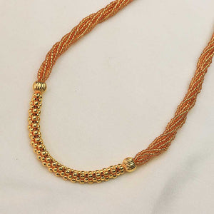 Rust color thread necklace with gold beads