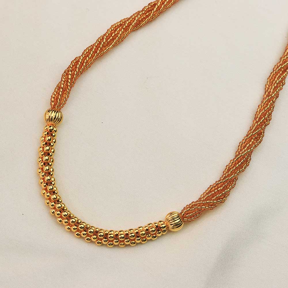 Rust color thread necklace with gold beads